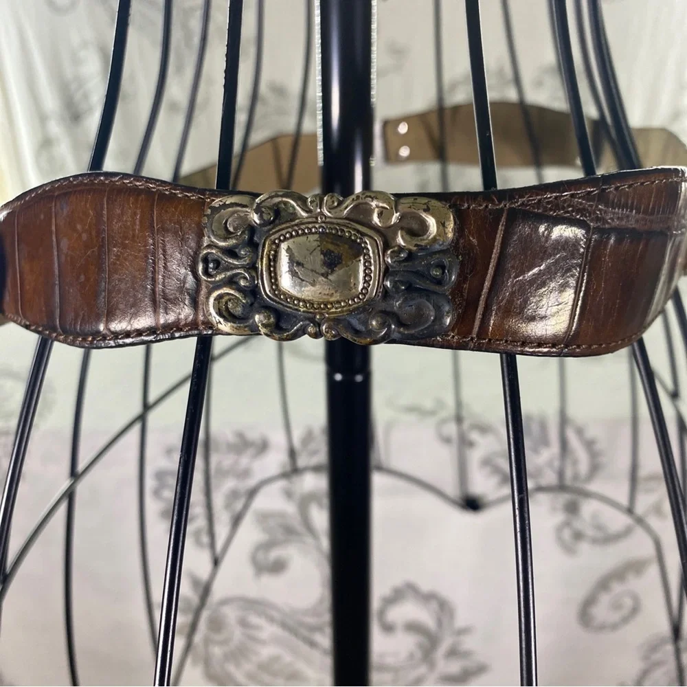 VTG FOSSIL LEATHER CROCO-EMBOSSED‎ WESTERN BELT, ORNATE CONCHOS & BUCKLE, M/L